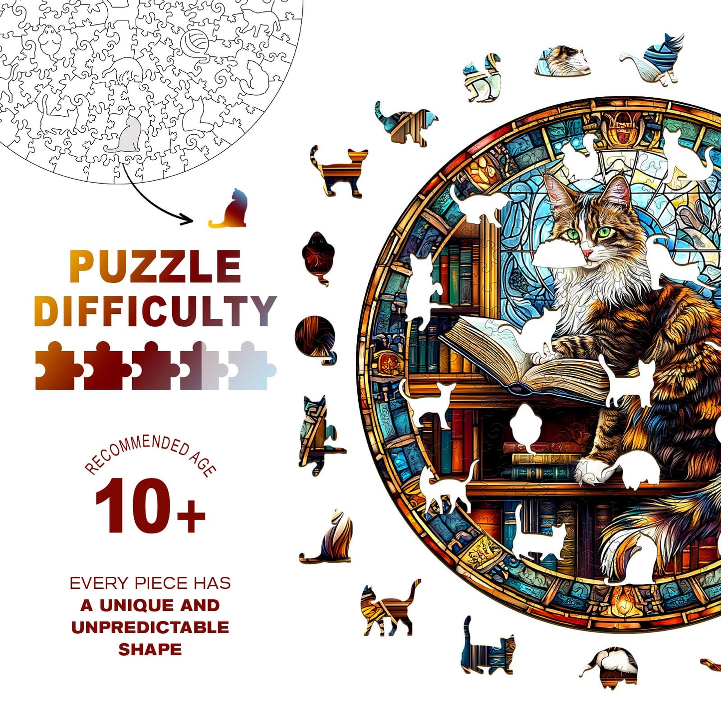 Wooden Puzzles for mature-themeds - Challenging Maine Cat Library mature-themed Puzzle  Unique Animal Shaped Wooden Jigsaw Puzzles for mature-themeds  Creative Gifts Family Games 11.4 * 11.4in 200pcs