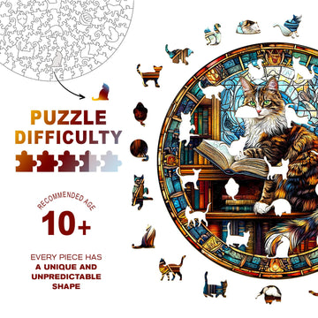Wooden Puzzles for mature-themeds - Challenging Maine Cat Library mature-themed Puzzle  Unique Animal Shaped Wooden Jigsaw Puzzles for mature-themeds  Creative Gifts Family Games 11.4 * 11.4in 200pcs