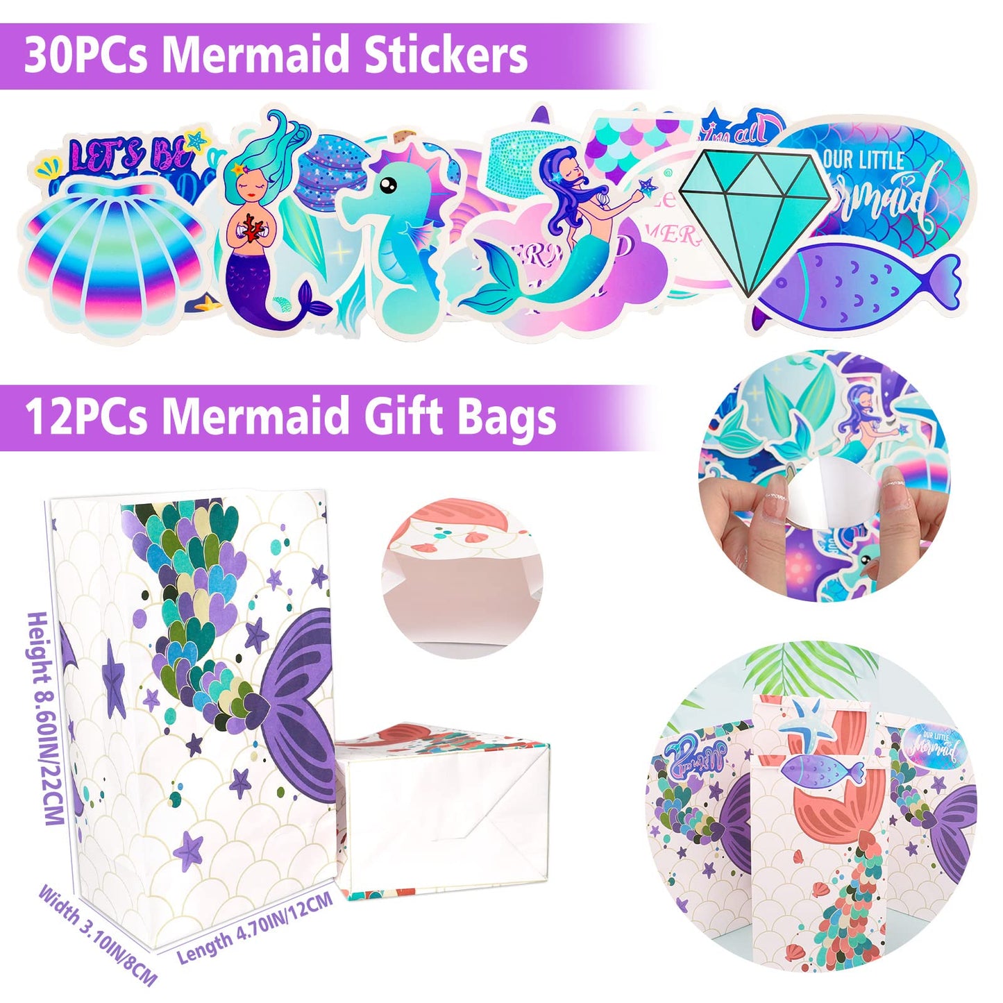 CHRIMISS 102Pcs Mermaid Party Favors Mermaid Bags Mermaid Slap Bracelets Rings Keychain Mermaid Hair Rings Temporary Tattoos Sti