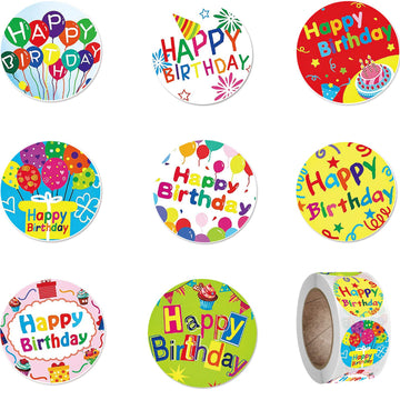 Roranic Adorable Happy Birthday Stickers For Kids Adults, 500Pcs 8 Assorted Designs,Each Round Sticker Measures 1'' In Diameter,