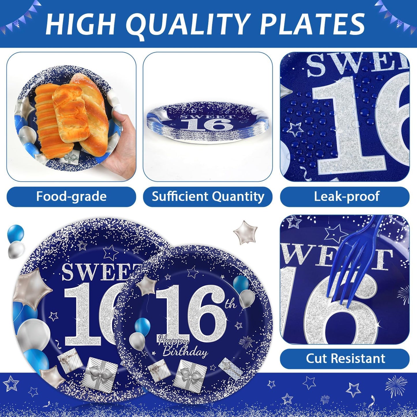 gisgfim 96Pcs 16th Birthday Plates and Napkins Party Supplies Sweet 16 Birthday Party Tableware Set Blue Silver 16th Birthday De