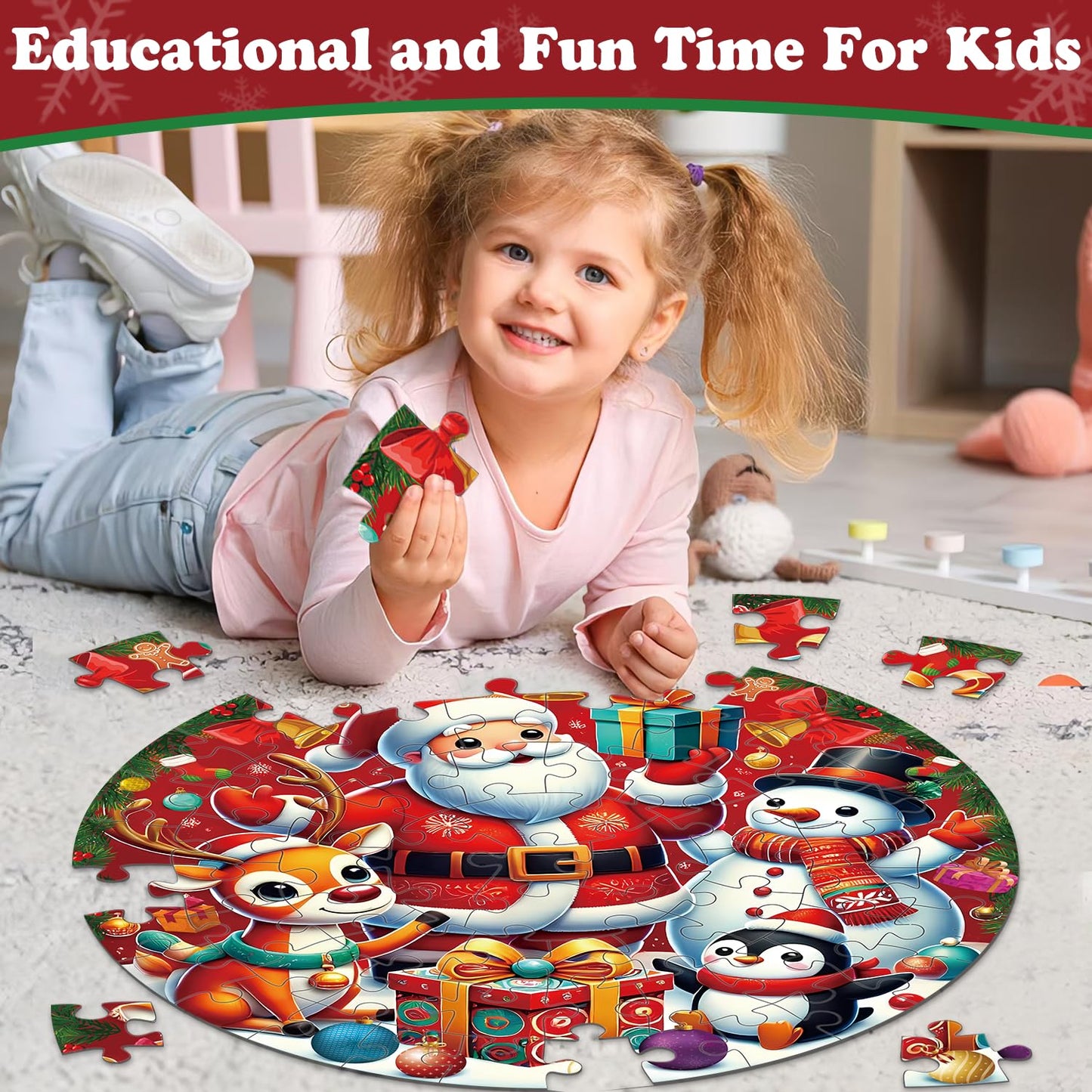 Christmas Floor Puzzles For Kids Age 3-8, 70Pcs Giant Christmas Jigsaw Puzzles With Santa Claus And His Friends Educational Stocking Stuffers For Kids Girl Boys 4 5 6 7 8
