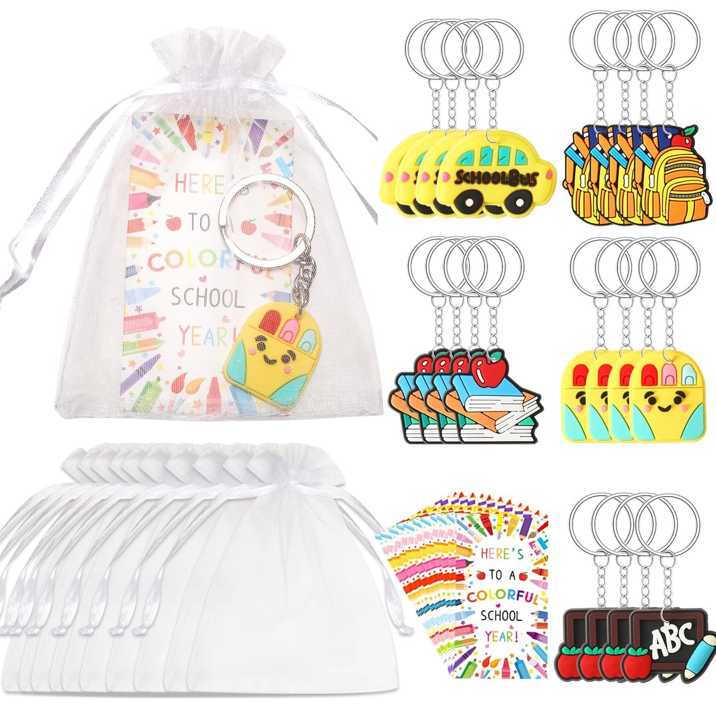 DTOFOOT 20 Set Back to School Students Gift Keychains with Blessing Cards and Organza Gift Bags, First Day of School Gifts for K