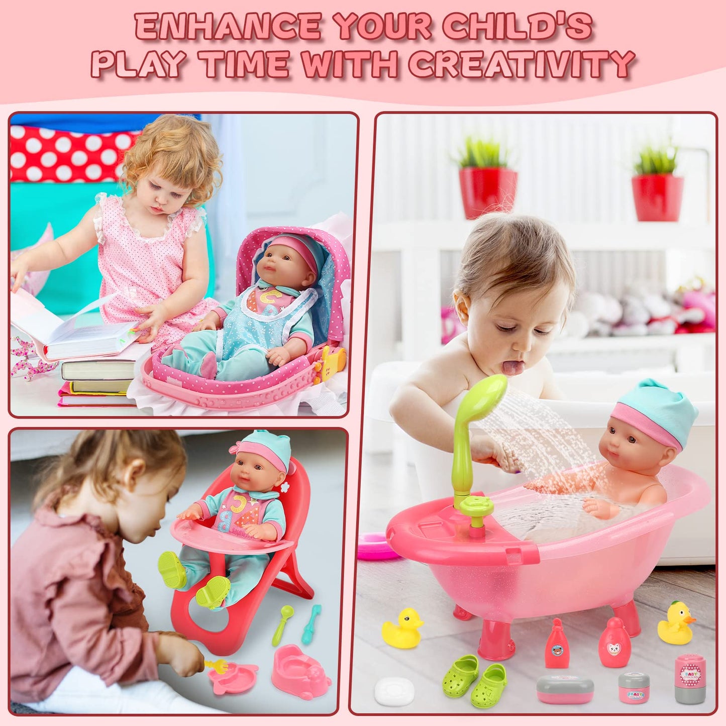 Deao Baby Doll Set, 25 Pcs Baby Doll Accessories With High Chair, Bath, Crib, Feeding Accessories 14' Pretend Play Baby Dolls Toys Gift For Girls