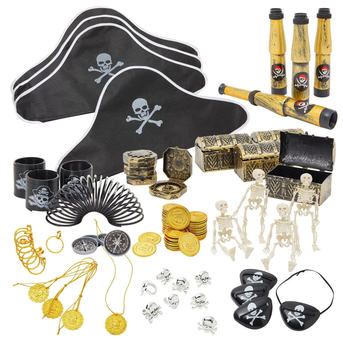 Juvale 100 Piece Set Pirate Birthday Party Supplies for Kids, Hat, Patch, Compass, Coins, Toys and Accessories