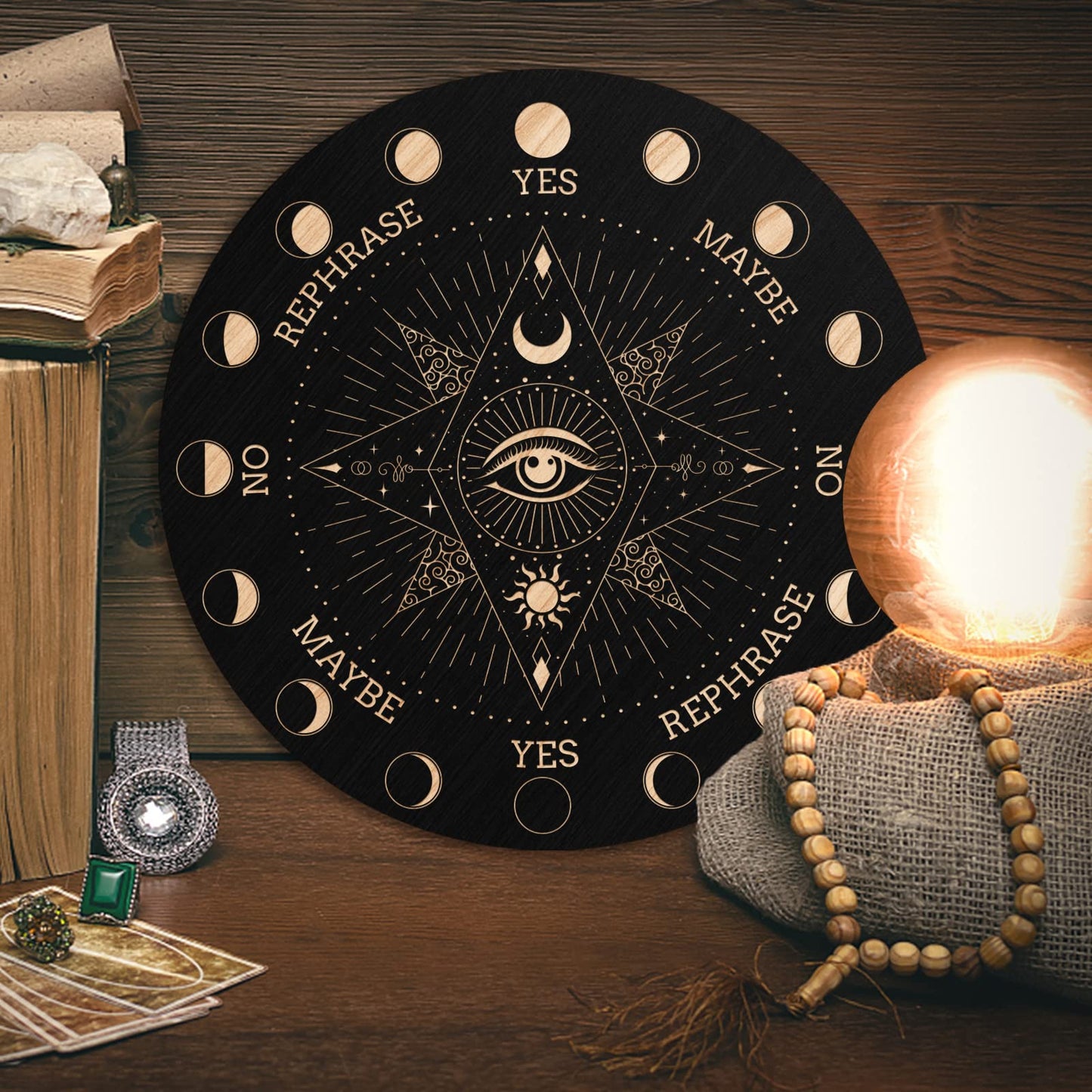 Infunly Witch Pendulum Board Eyes Runes Wooden Dowsing Planchette Board 7.9' Metaphysical Message Board With Pendulum Crystal Necklace For Beginners, Witchcraft Altar Supplies