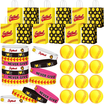 Mtlee Softball Party Favors Set Includes 12 Softball Paper Bags, 12 Silicone Bracelets, 12 Mini Foam Softball For Softball Birthday Party Supplies