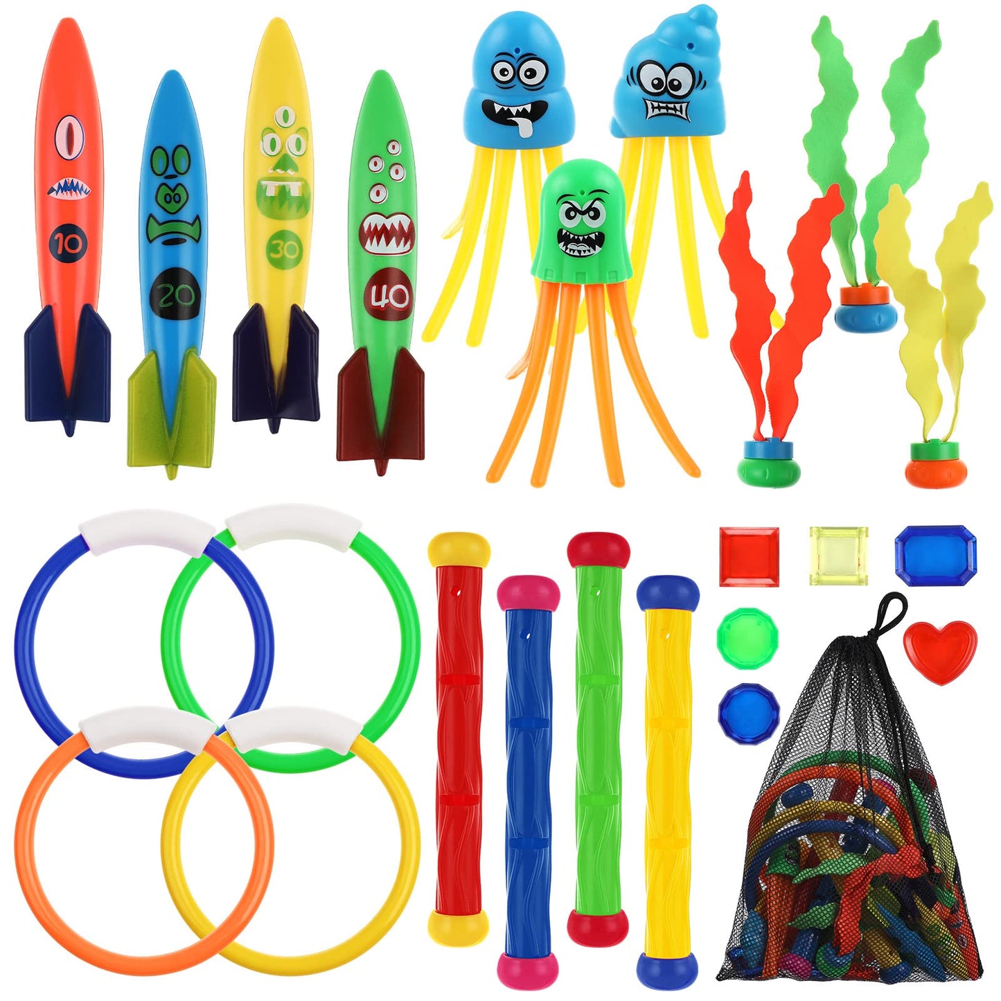 Billmoss Diving Pool Toys Set, 24 Pcs Underwater Toys Swimming Treasure Game Toys For Kids And Dogs With Storage Bag