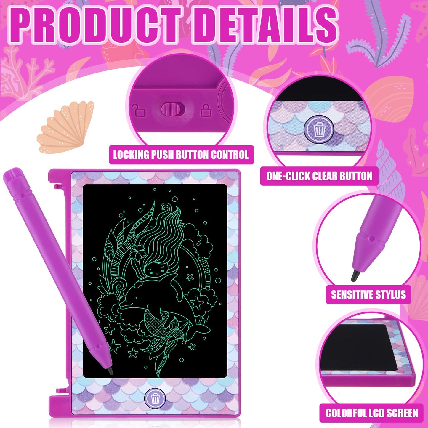 Nezyo 24 Pack Mermaid Party Favors, 4.6 Mini LCD Writing Tablet for Kids, Mermaid Checked Board Drawing Tablet Erasable Reusab