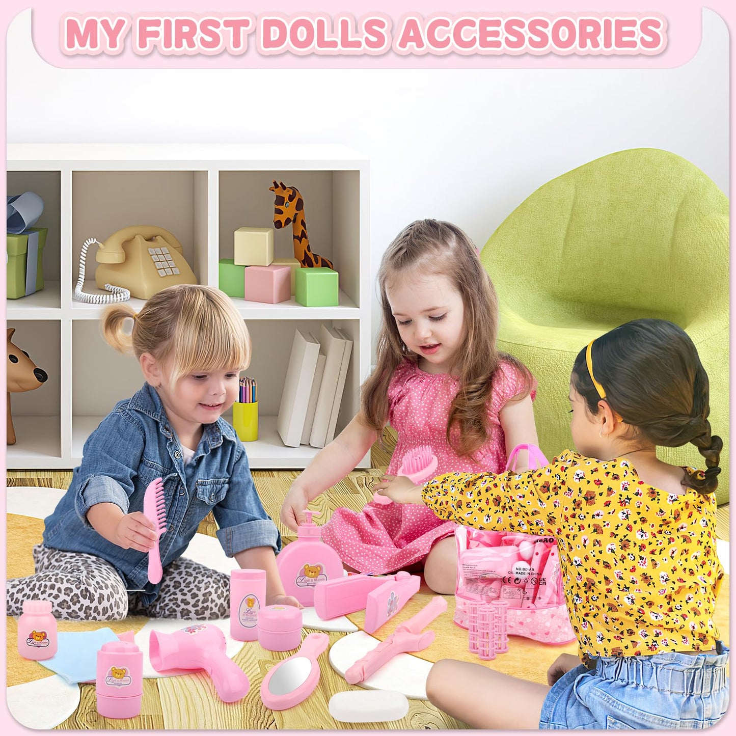 deAO 40 Piece Baby Doll Accessories Set - Feeding, Clothes, Bath Toys, Medium Fabric - Nurturing Pretend Play for Kids