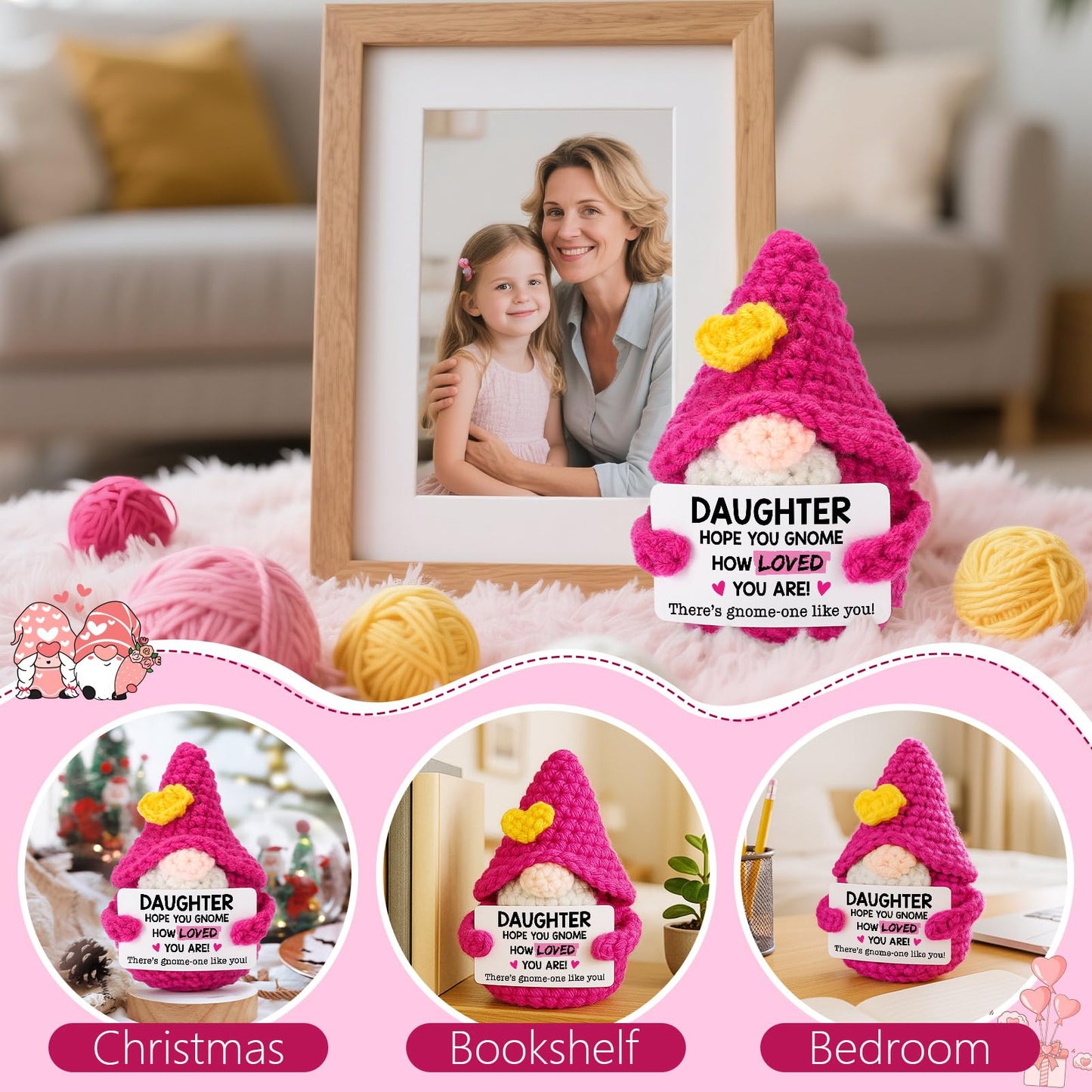 XgiftCreat Birthday Gifts for Daughter from Mom - Funny Handmade Crochet Gnome Thanksgiving Christmas Stocking Stuffers Xmas Holiday Present for Daughters from Mother Dad  Gnome How Loved You are