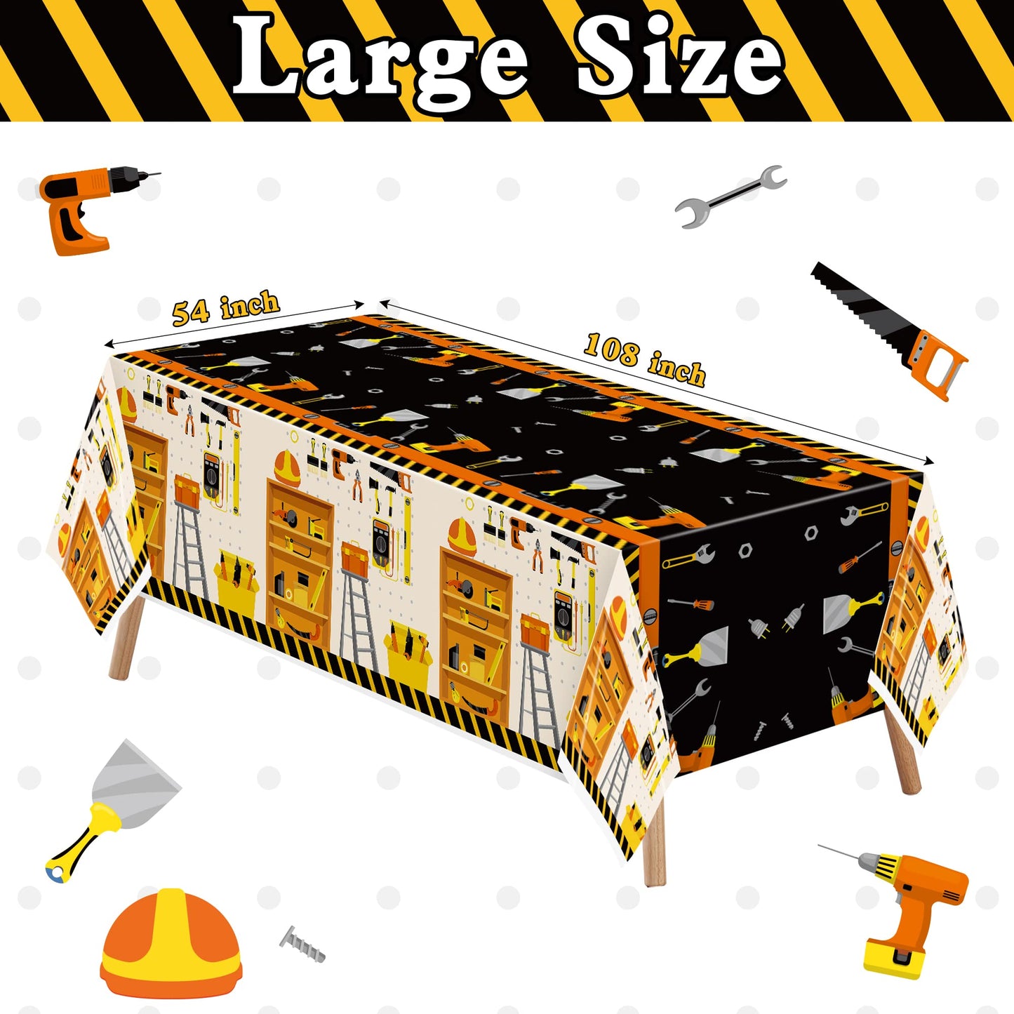 BkeeCten 3 Packs Tool Theme Plastic Tablecloths Decoration Waterproof Rectangle Cute Tool TableCover Design with Hard Hat, Nuts,