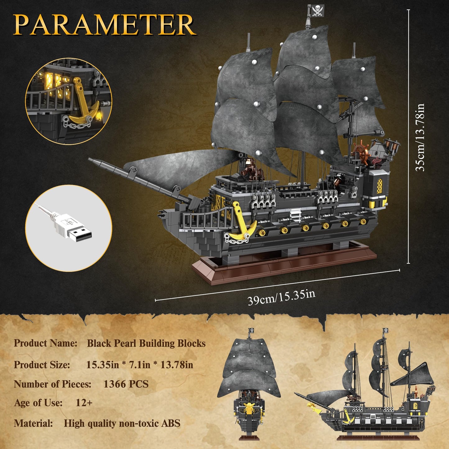 SSPATIOS Pirate Ship Building Block Model Kit, 1366 PCS, Black Pearl Ship, Plastic Toy for Ages 12+, Christmas & Birthday Gift