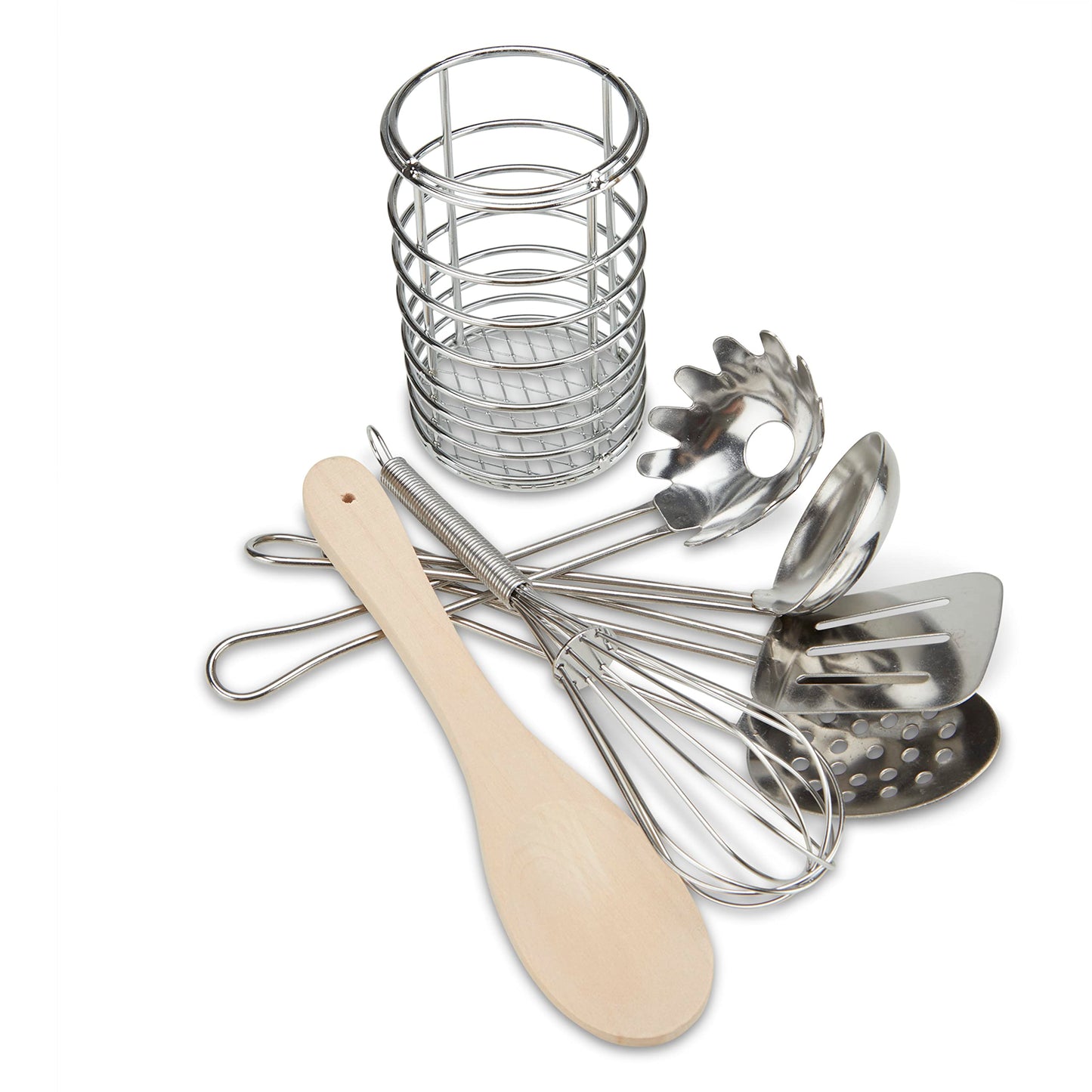 Melissa & Doug Stir And Serve Cooking Utensils (7 Pcs) - Stainless Steel And Wood