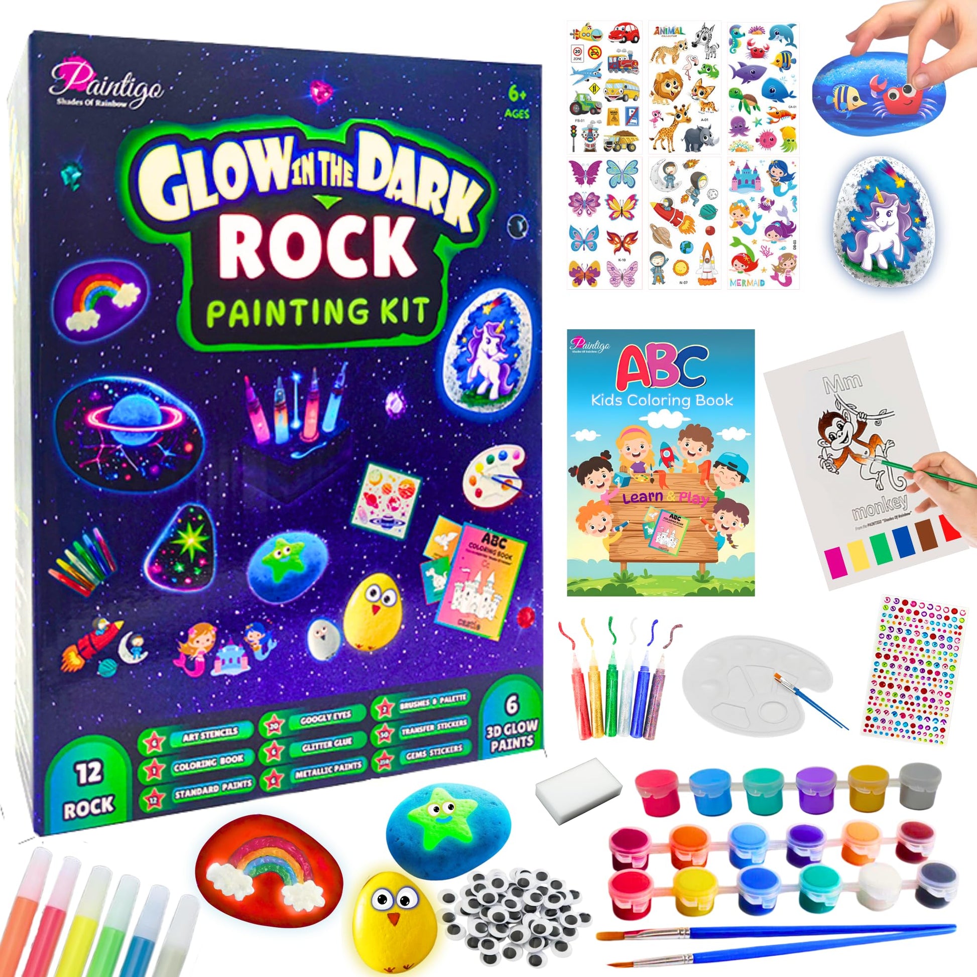 Rock Painting Kit for Kids 6-12 - Glow in The Dark Rock Painting Crafts Set, Arts and Crafts for kids ages 8-12, Stencils for Pa