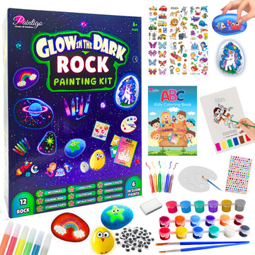 Rock Painting Kit for Kids 6-12 - Glow in The Dark Rock Painting Crafts Set, Arts and Crafts for kids ages 8-12, Stencils for Pa