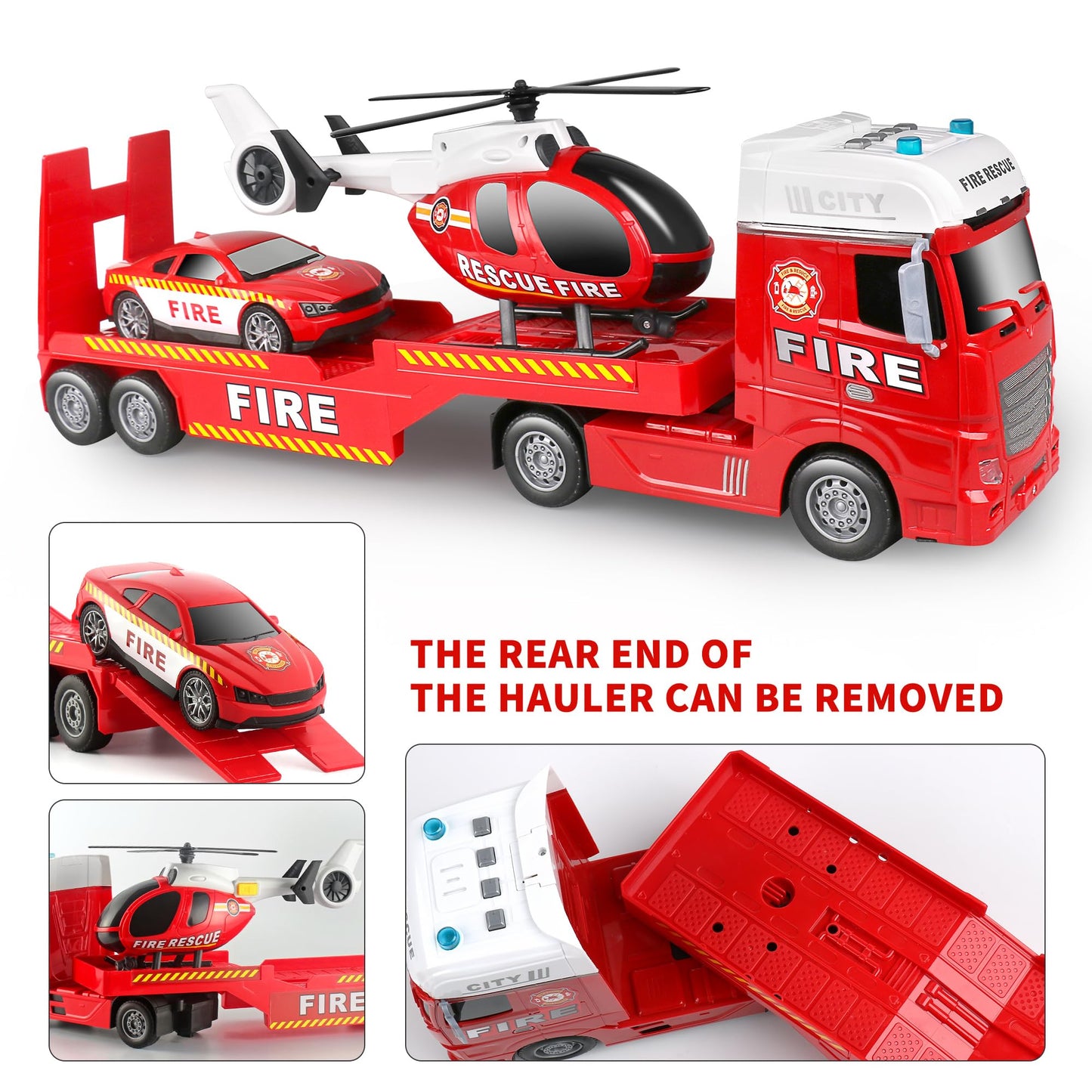 Dwi Dowellin 25.6'' Semi Truck Toy with Racing Car and Helicopter for Kids Toddlers - Fire Toys,Birthday Gifts for Boy Toddler C