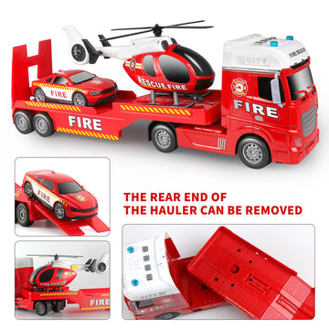 Dwi Dowellin 25.6'' Semi Truck Toy with Racing Car and Helicopter for Kids Toddlers - Fire Toys,Birthday Gifts for Boy Toddler C