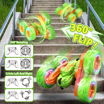 SpringFlower Remote Control Car Toy for Boys 3 4 5 6 7 8 Years Olds, Rechargeable Dinosaur RC Cars,360 Flip Double Sided RC Stun