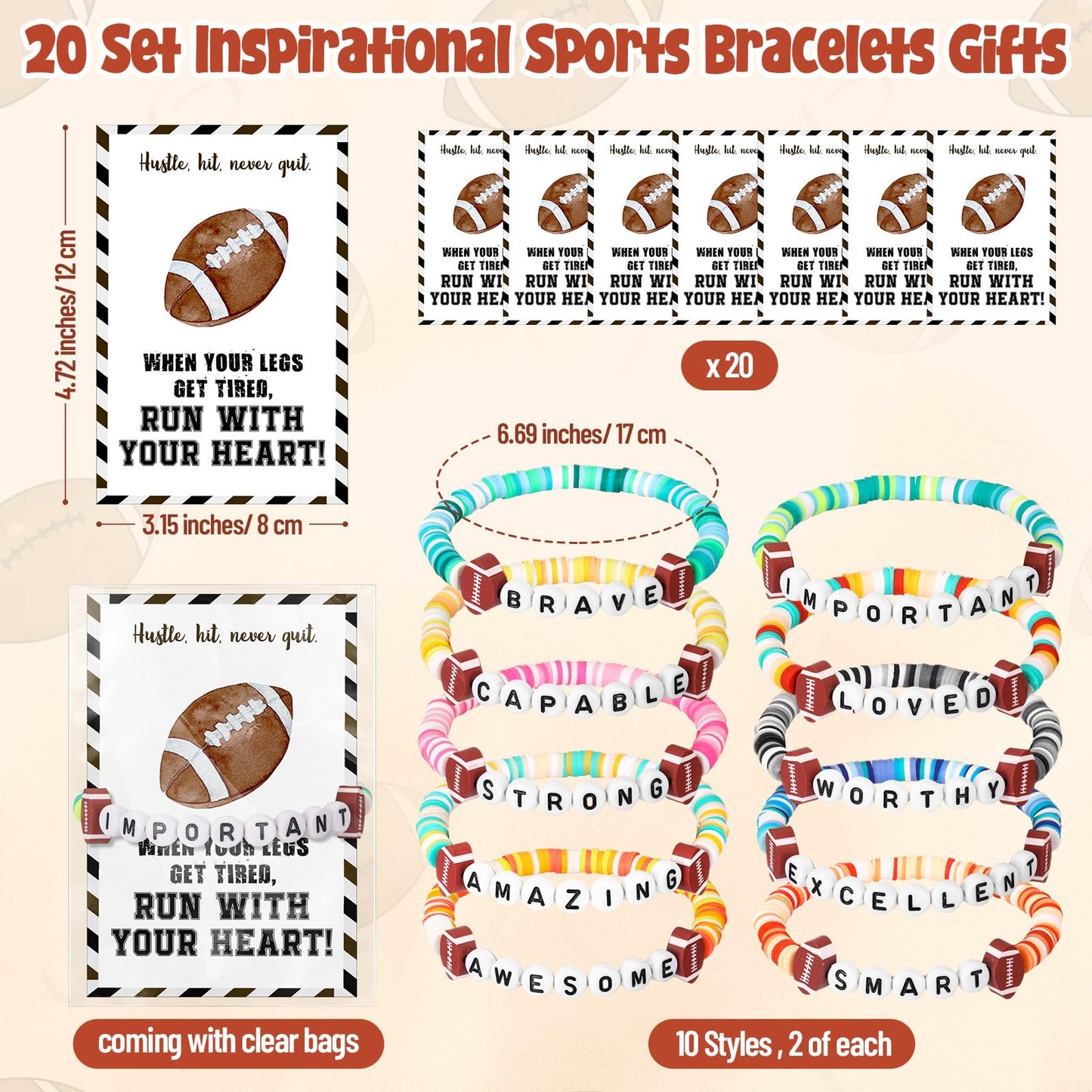 Zeyune 20 Set Football Bracelets Football Team Gifts Bulk for Women Men Stackable Clay Bead Adjustable Bracelets Inspirational S