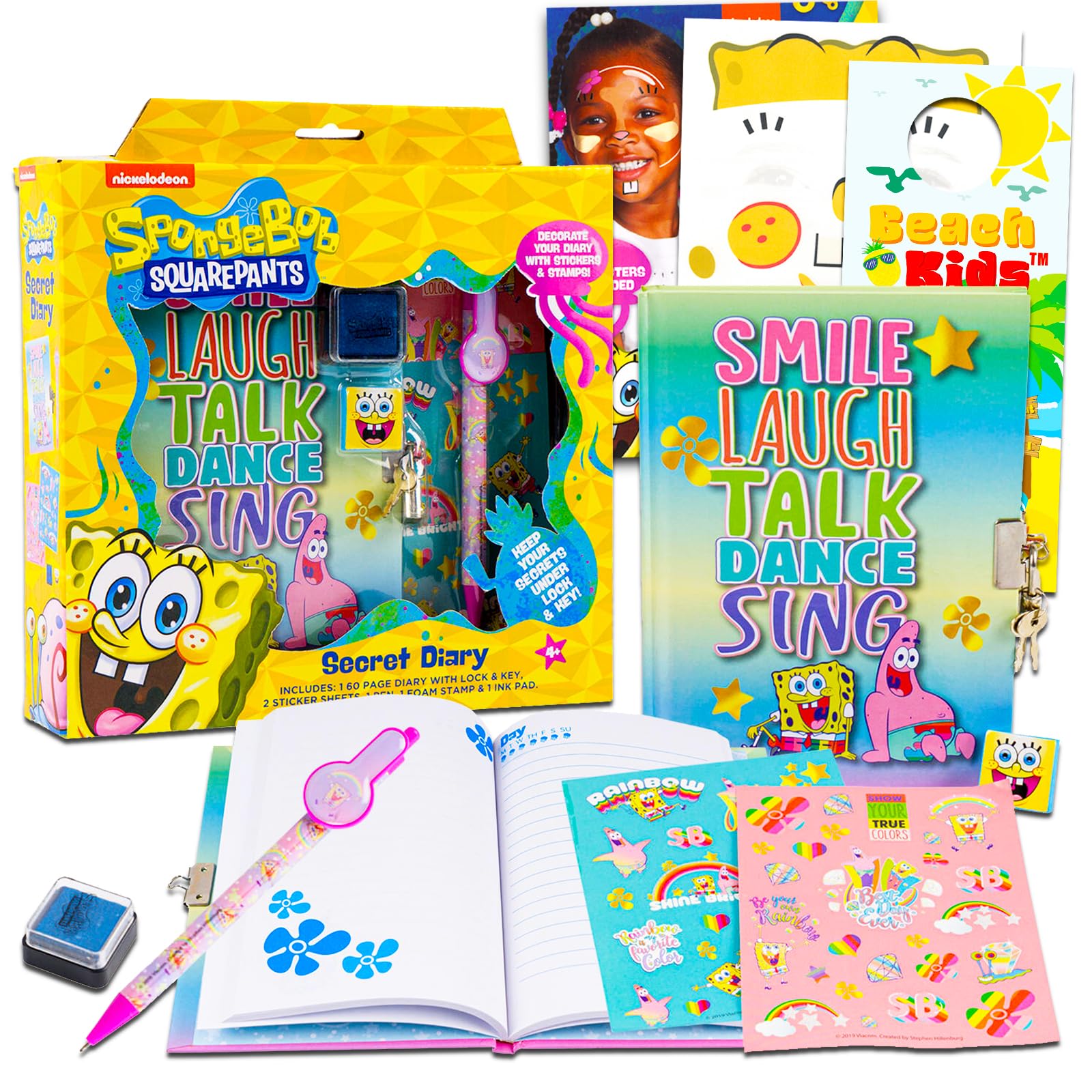 Spongebob Journal and Diary Set for Kids - Bundle with Spongebob Diary Book with Lock and Key  Pen  Stamper  Tattoos  and More | Spongebob Notebook and Pen