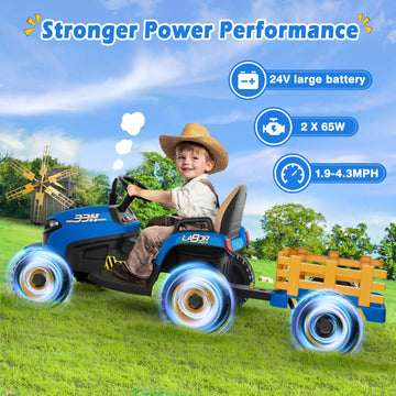 ARBELI 24V Ride On Tractor with Detachable Trailer, 2x65W Motors, Bluetooth, Large, Blue, Model BBH-030