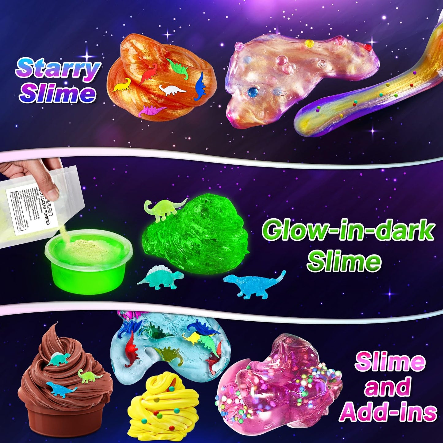 YOPINSAND Dinosaur Slime Kit for Kids 6-12, Glow in The Dark, Crunchy Galaxy Slime Making Kit with Add-ins, Model DSK08