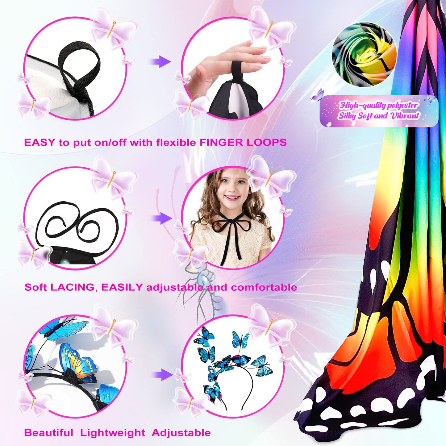 LYL. Ling Halloween Costumes for Kids  Double-Sided Butterfly Wings  Butterfly Costume for Girls  3PCS Blue Fairy Wings Set.