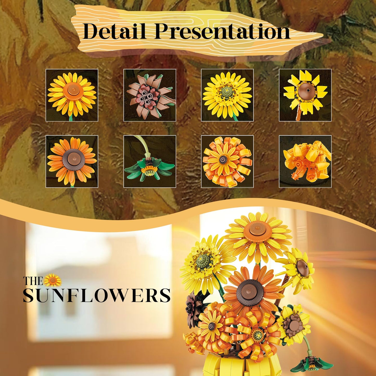chanbrick Sunflower Building Set Flowers with Vase Van Gogh Botanical Collection for mature-themed -1009pcs Compatible with Lego