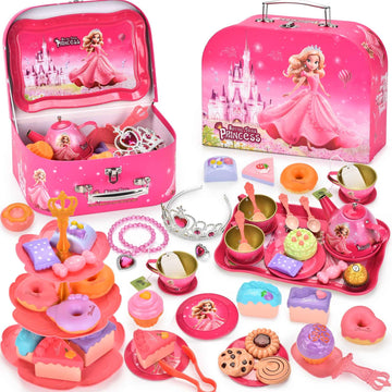 Lajeje 52 Pcs Tea Party Set for Little Girls, Pretend Tin Teapot Set, Princess Tea Time Play Kitchen Toy with Cups, Plates and A