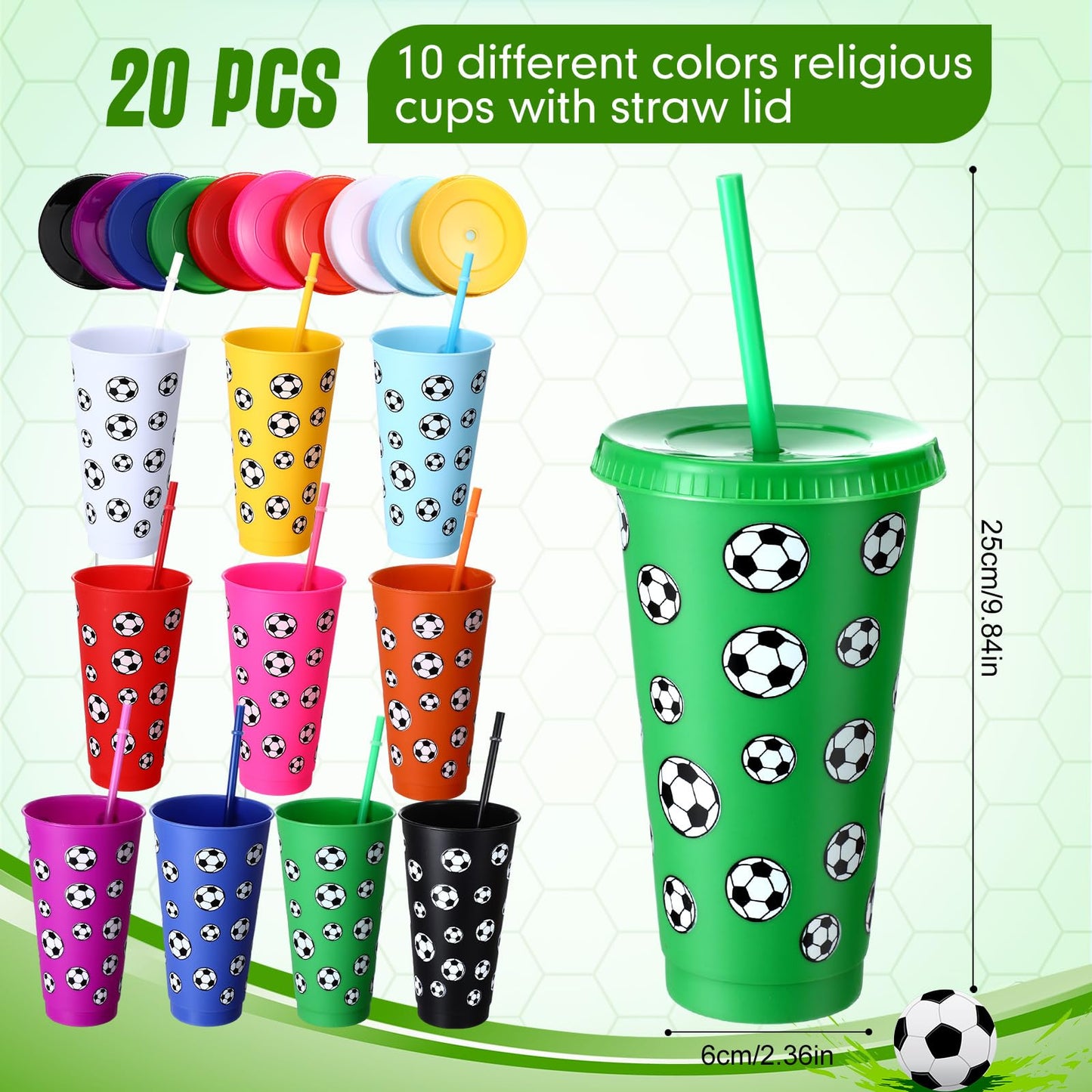 Potchen 20 Pcs Soccer Plastic Tumbler with Lid and Straw Christmas Cup Gift 24 oz Cups Reusable Sports Ball Plastic Cups for Soc