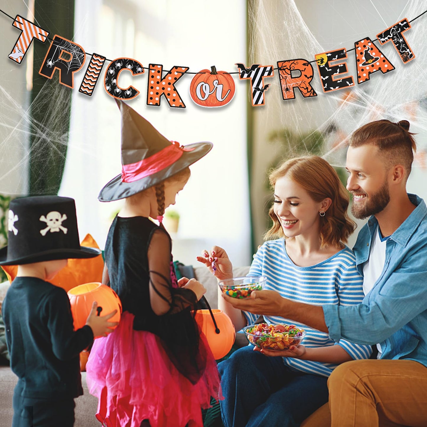 Halloween Trick Or Treat Paper Party Banner Fireplace Decor, Ahfulife Halloween Hanging Bunting Garland Sign For Halloween Party