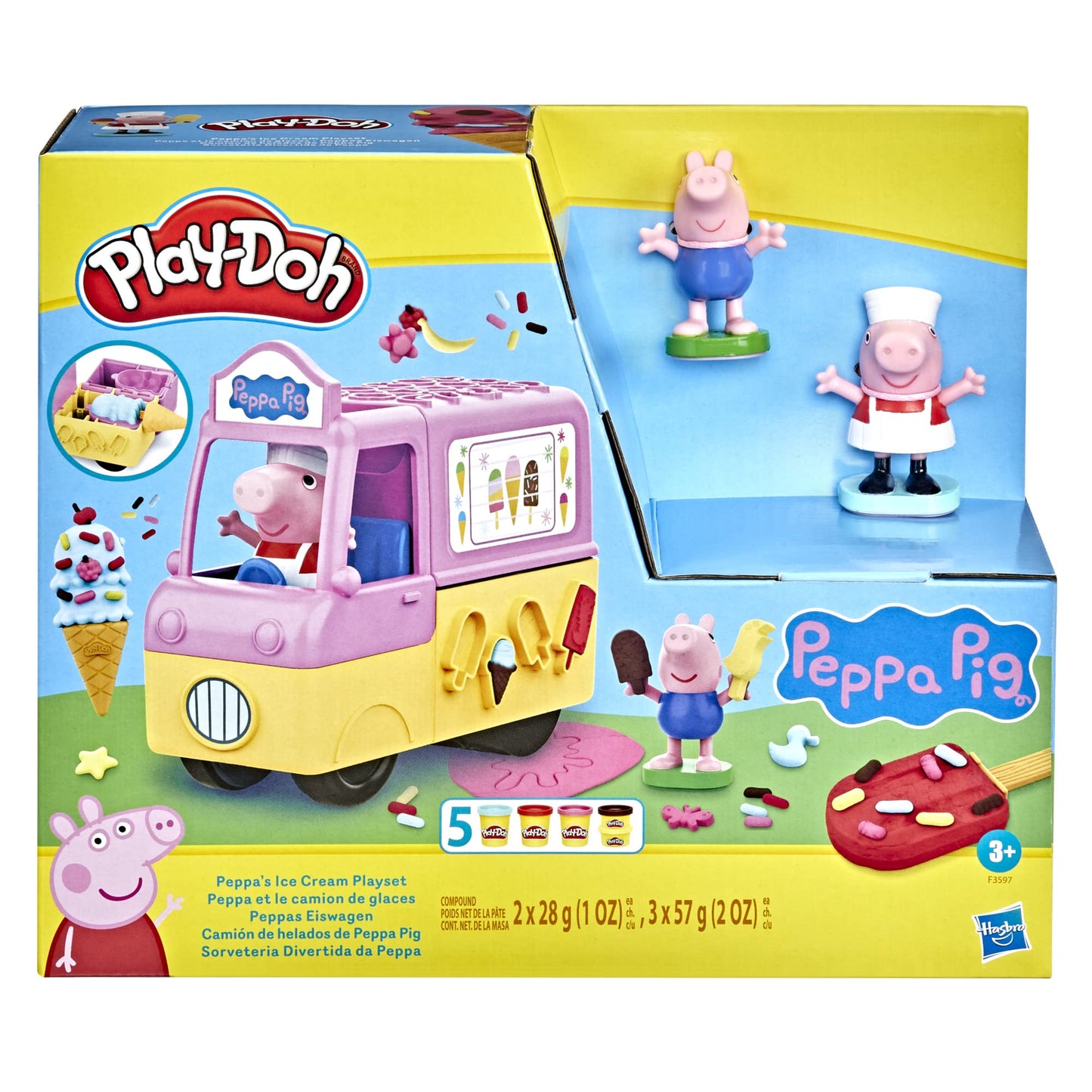 Play-Doh Peppas Ice Cream Playset with Truck, Peppa Pig and George Figures, and 5 Non-Toxic Modeling Compound Cans, Toy for Kid