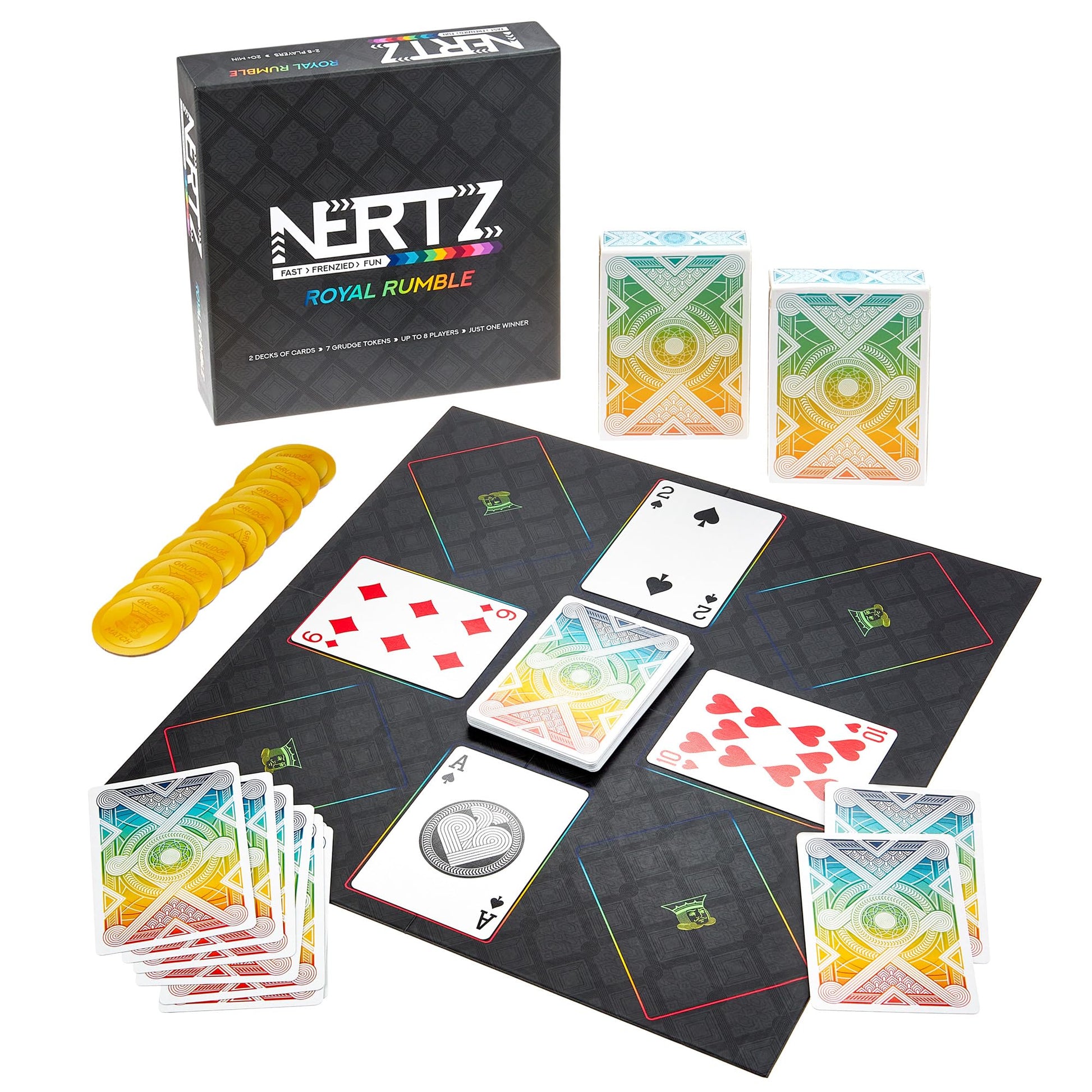 Brybelly Nertz Royal Rumble Card Game - Party Solitaire Game, Up To 8 Players - 2 Decks Colorful Playing Cards, Wide Poker Cards