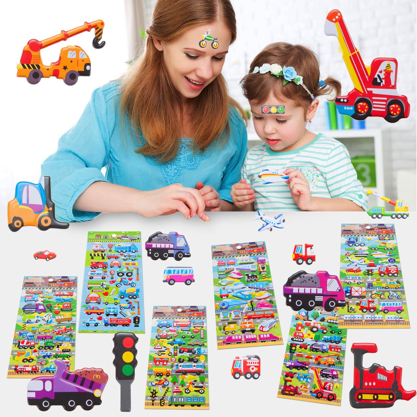 3D Puffy Car And Vehicle Stickers For Kids Toddlers, 6 Packs Reusable Foam Truck Stickers For Boys With Construction Trucks, Tra