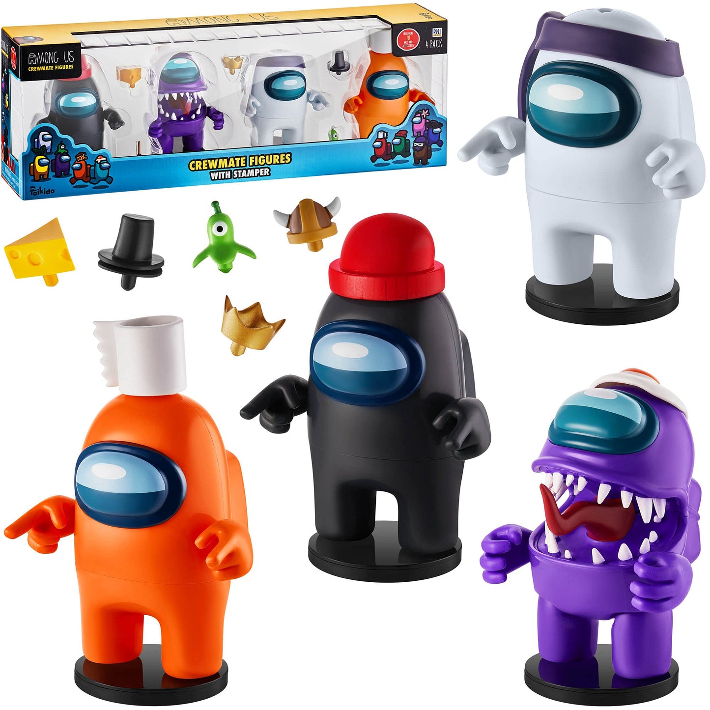 Four Among Us Crewmate Figures With Stampers | 4.5-Inch-Tall Among Us Toys + 10 Hats & Accessories| Among Us Party Favors And Playable Collectibles | Includes The Impostor With Mouth Open | By P.M.I.