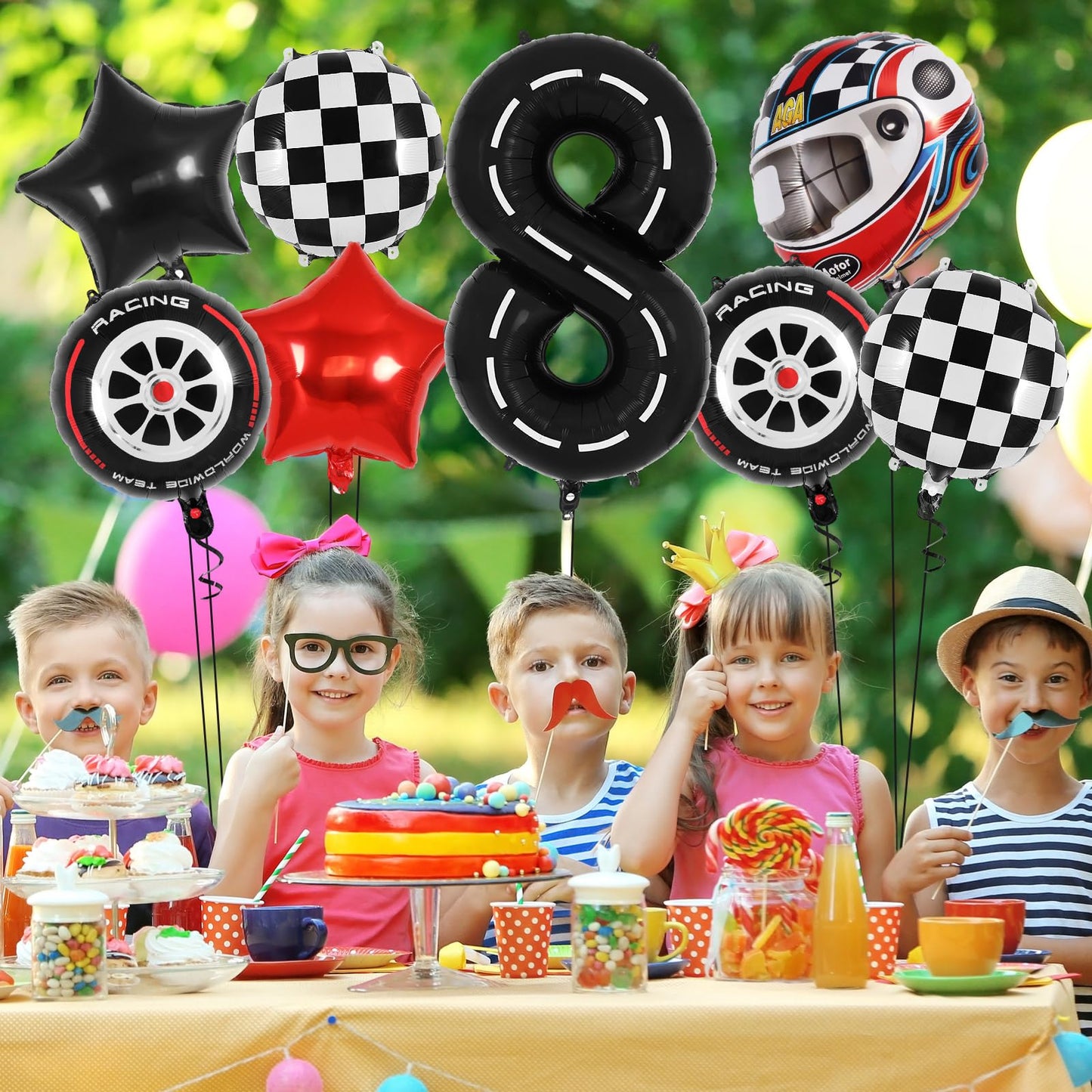 Race Car 8 Balloons, 40 Inch Racetrack Number 8 Balloon, Large Foil Mylar Racetrack Black 8 Balloon For 8 Year Old Birthday Race