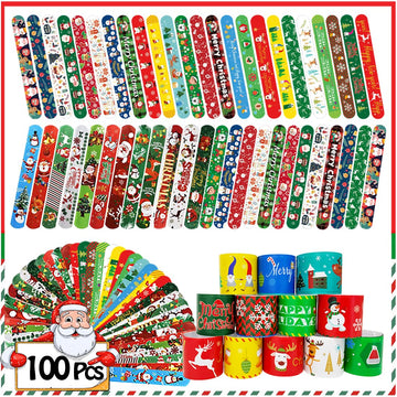 SUNPROUND 100Pcs Christmas Slap Bracelets, Christmas Party Favors for Kids, Christmas Stocking Stuffers, Christmas Toys For kid 