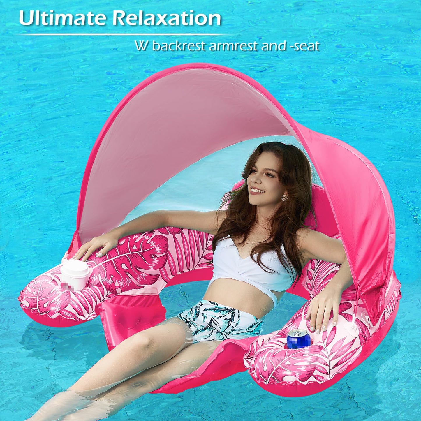 Jasonwell Pool Float with Canopy - Inflatable Pool Floaties mature-themed Floating Pool Chair Lounge Floats for Swimming Pool Water Chair Pool Lounger with Cup Holders Pool Toy Party Floaty for mature-themeds (R-L)