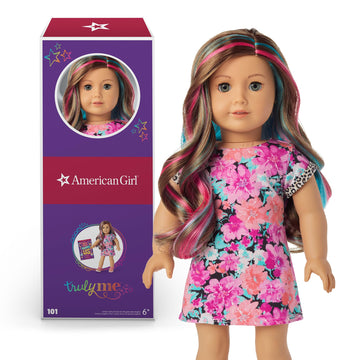 American Girl Truly Me 18-Inch Doll 101 - Gray Eyes, Wavy Caramel Hair, Floral Dress, Light-to-Medium Skin, Model HJP54