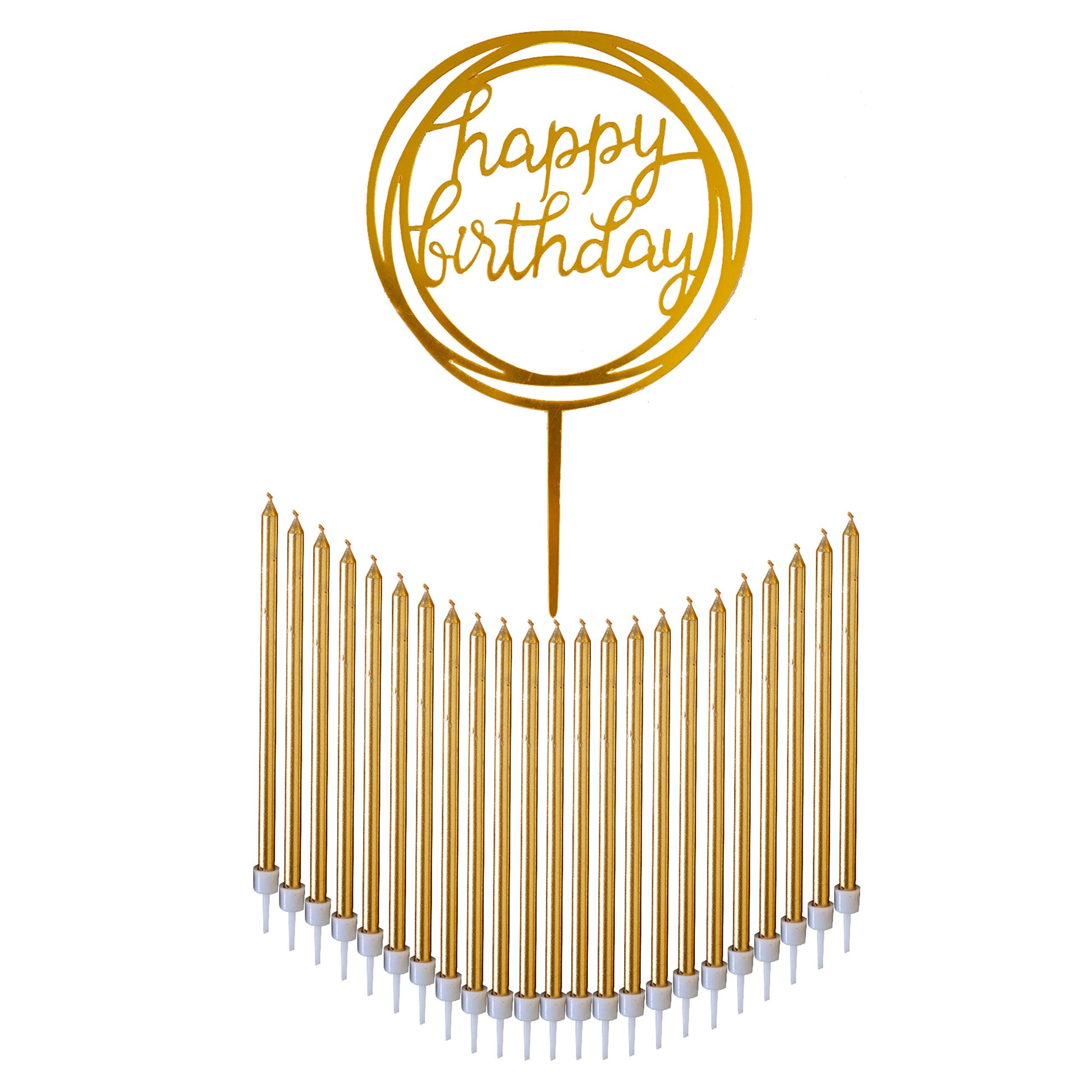 24 Count Tall Thin Metallic Gold Slow Burning Birthday Candles in Holders, and Matching Classy Cake Topper for Special Custom Bi