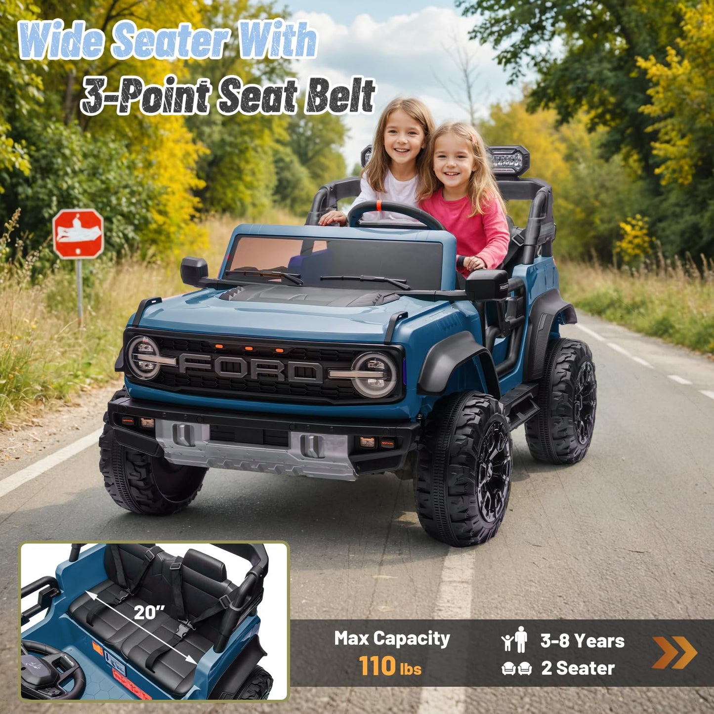 Segmart 2 Seater 24V Ride On Toys For Big Kids, Licensed Ford Bronco Raptor, Powerful Wheel With Remote Control, Headlight/Music