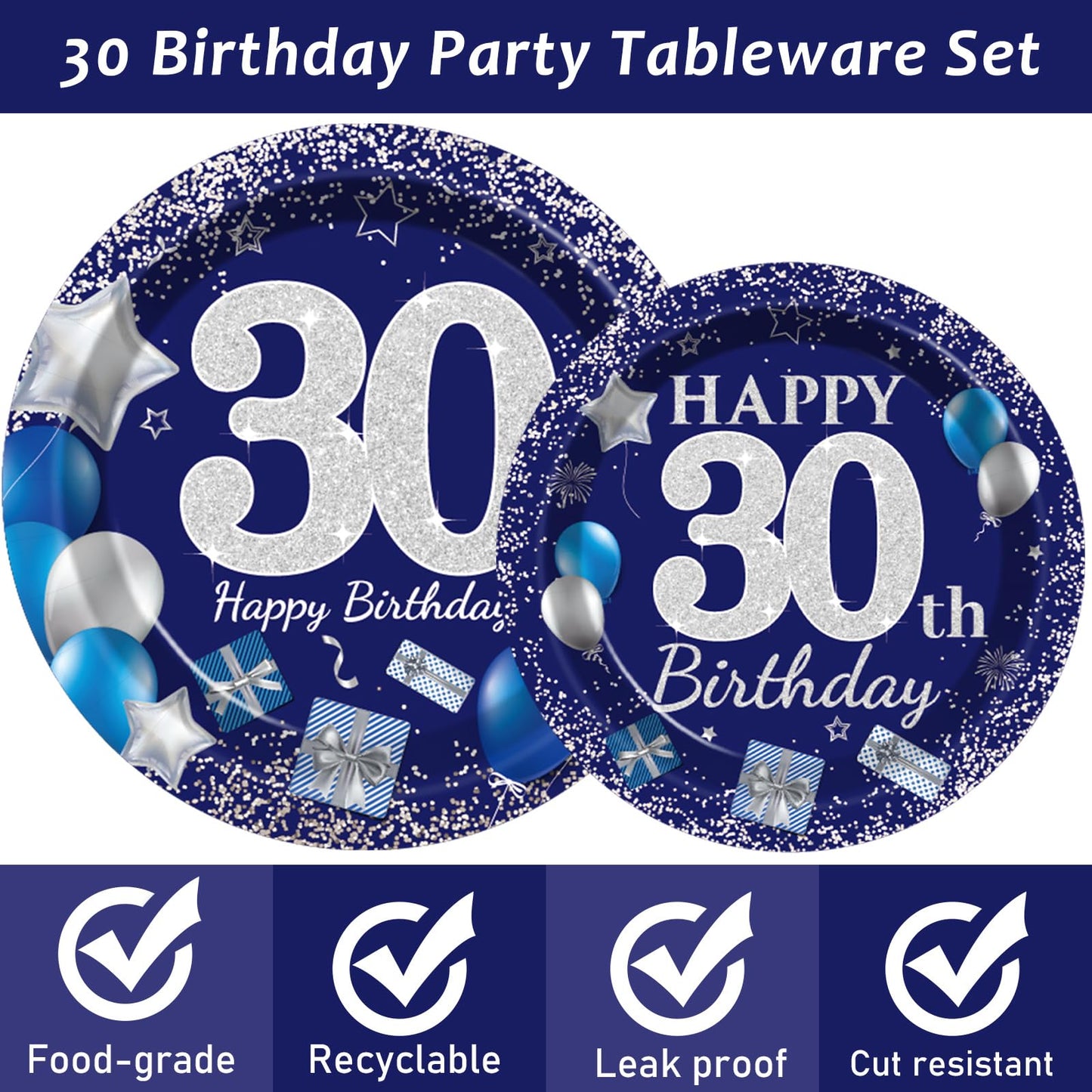 96 Pcs 30Th Birthday Party Supplies Navy Blue And Silver Birthday Plates 30Th Birthday Paper Tableware Happy Birthday Party Plat