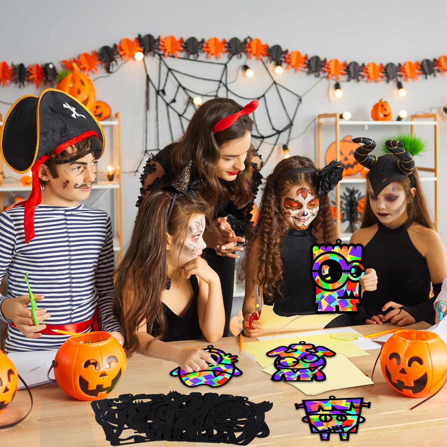 32 Sets Halloween Monster Suncatchers Craft Kit DIY Window Stained Glass Effect Halloween Monster Paper Crafts Home School Class