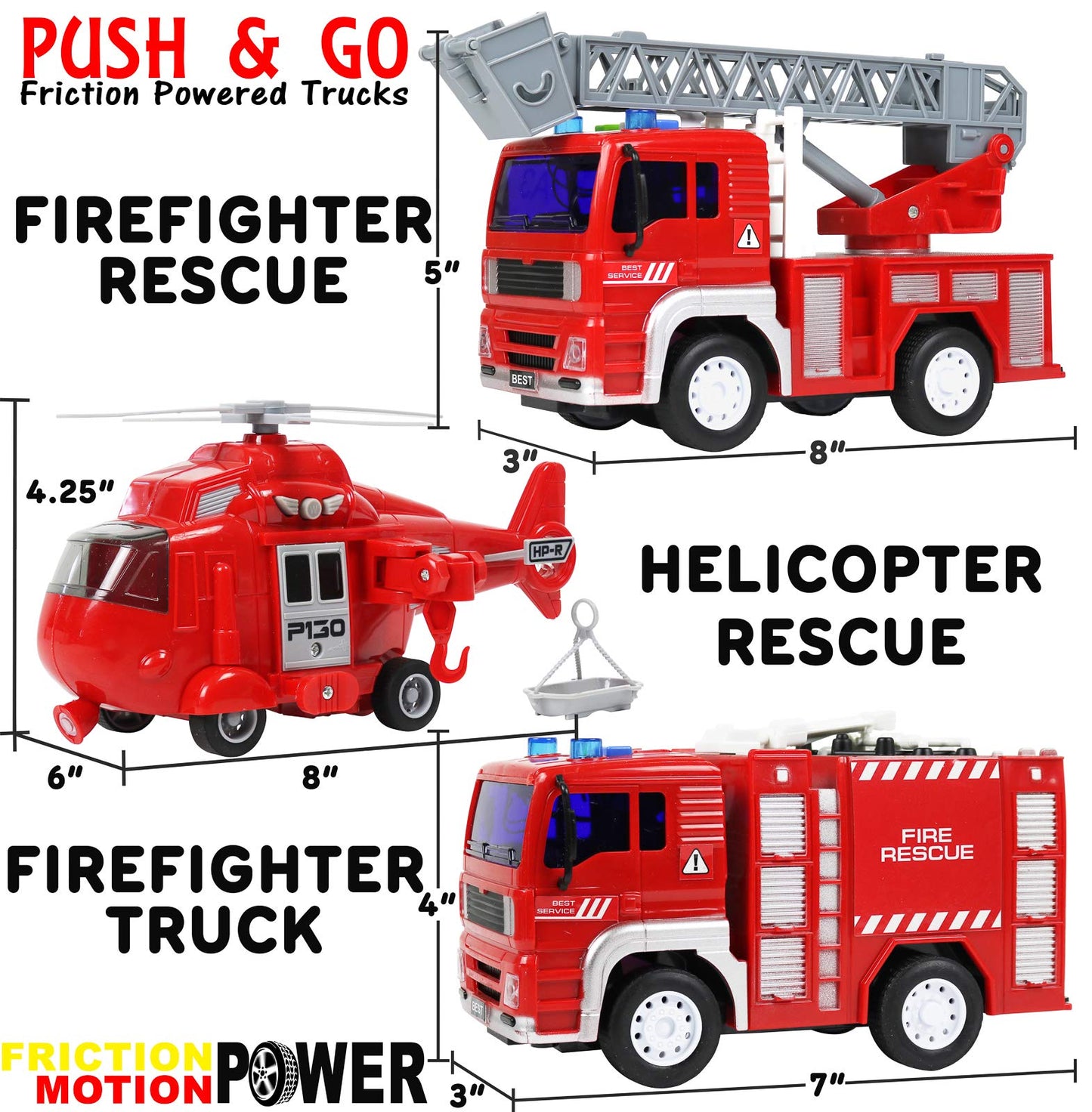 TeganPlay Fire Truck 3 Pack Friction Powered Fire Rescue Vehicle Car Set with Lights and Sounds Including Helicopter, Firefighte