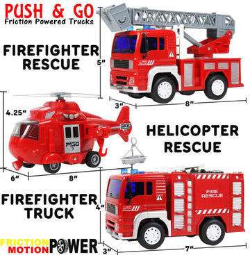 TeganPlay Fire Truck 3 Pack Friction Powered Fire Rescue Vehicle Car Set with Lights and Sounds Including Helicopter, Firefighte