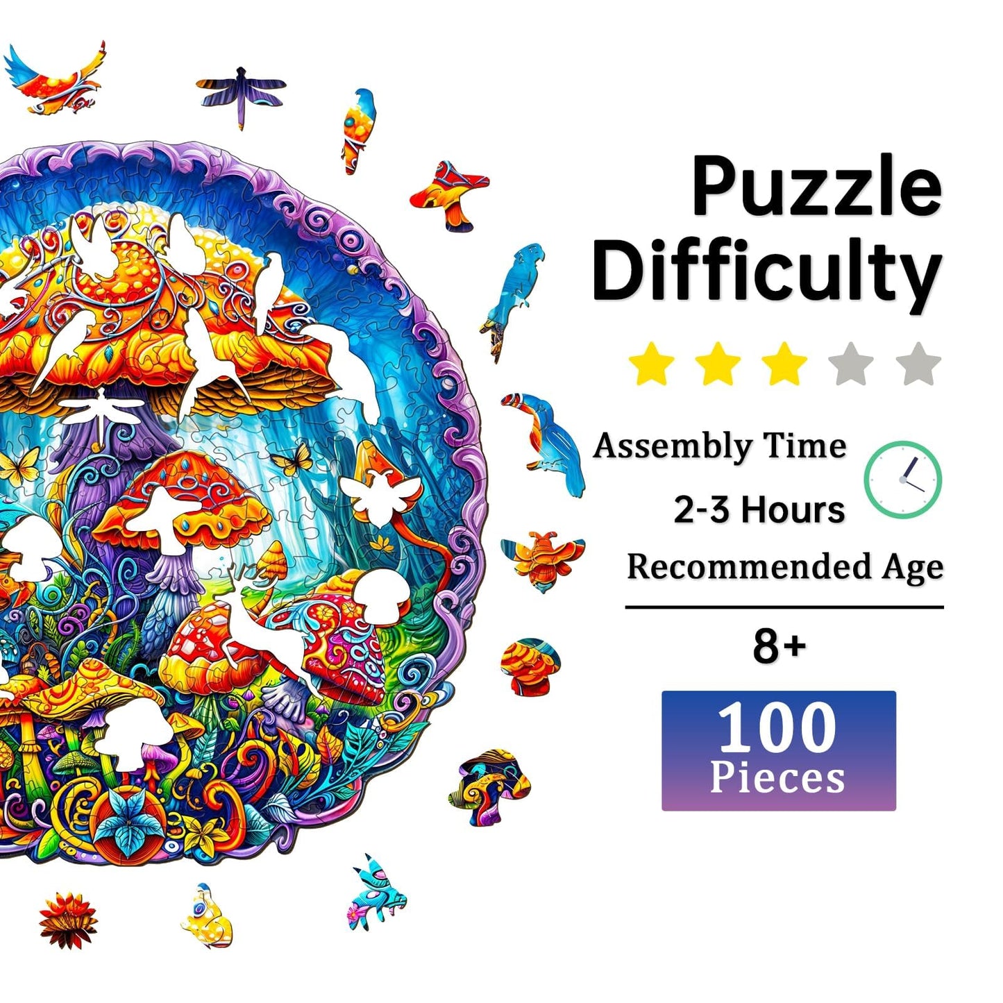 Jigfoxy Wooden Puzzles for mature-themeds  Magical Mushrooms Wood Puzzles mature-themed  Unique Animal Shape Wooden Jigsaw Puzzles  Birthday Gifts for Puzzles Lovers Family Friend (S-8.4 * 8.4in-100pcs)