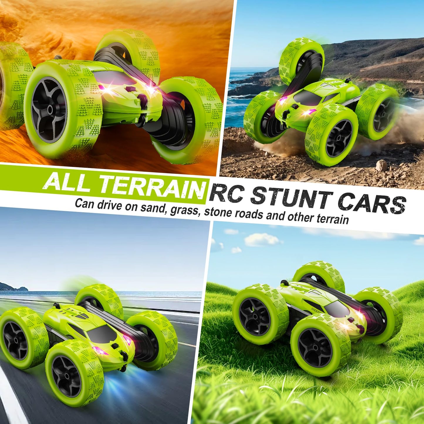 HIEKYOIT Remote Control Car for Kids Ages 6+, RC Cars Stunt Car Toy 4WD Double Sided 360 Rotating Remote Control with Headlights