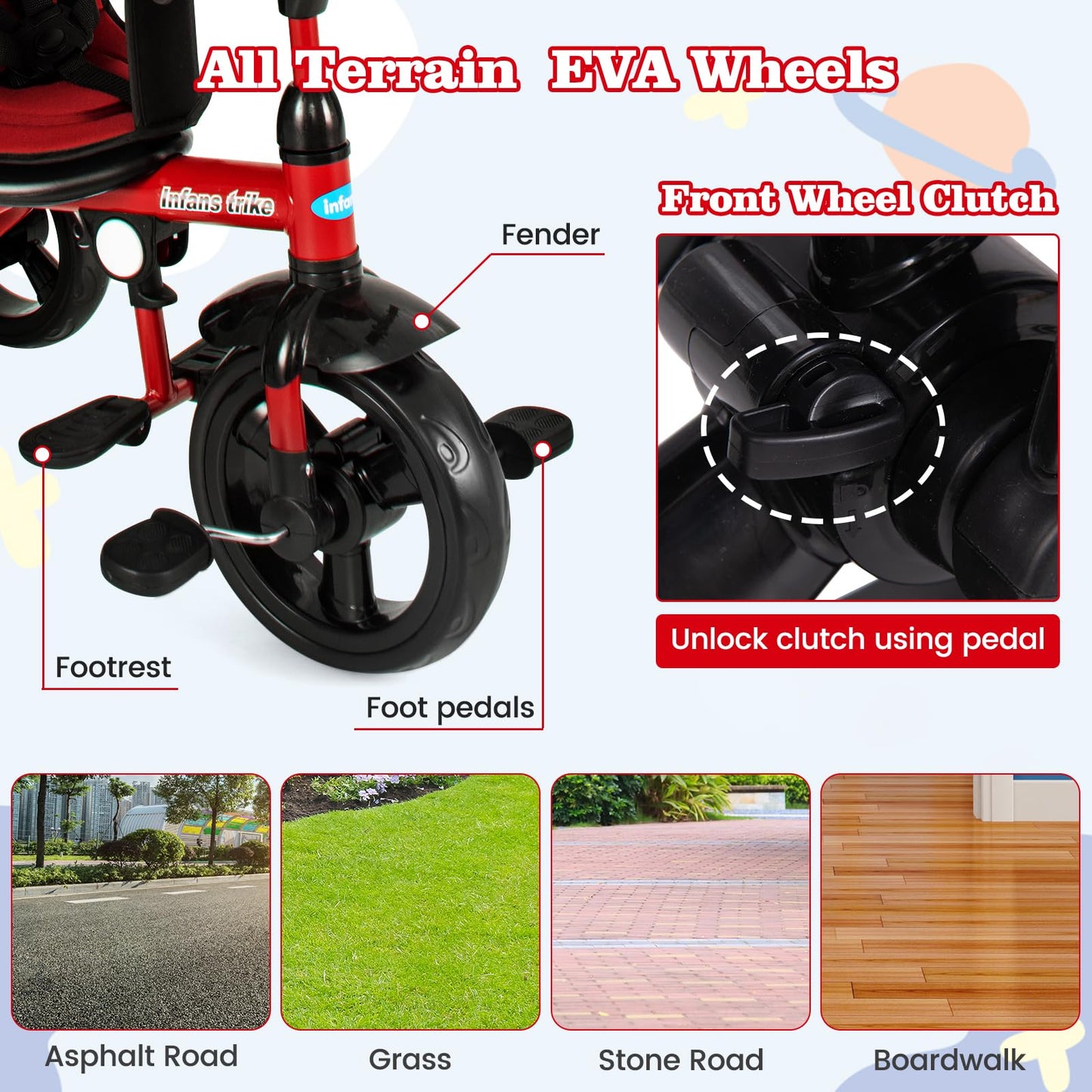 INFANS Kids Tricycle, 4 in 1 Stroll Trike with Adjustable Push Handle, Removable Canopy, Retractable Foot Plate, Lockable Pedal,