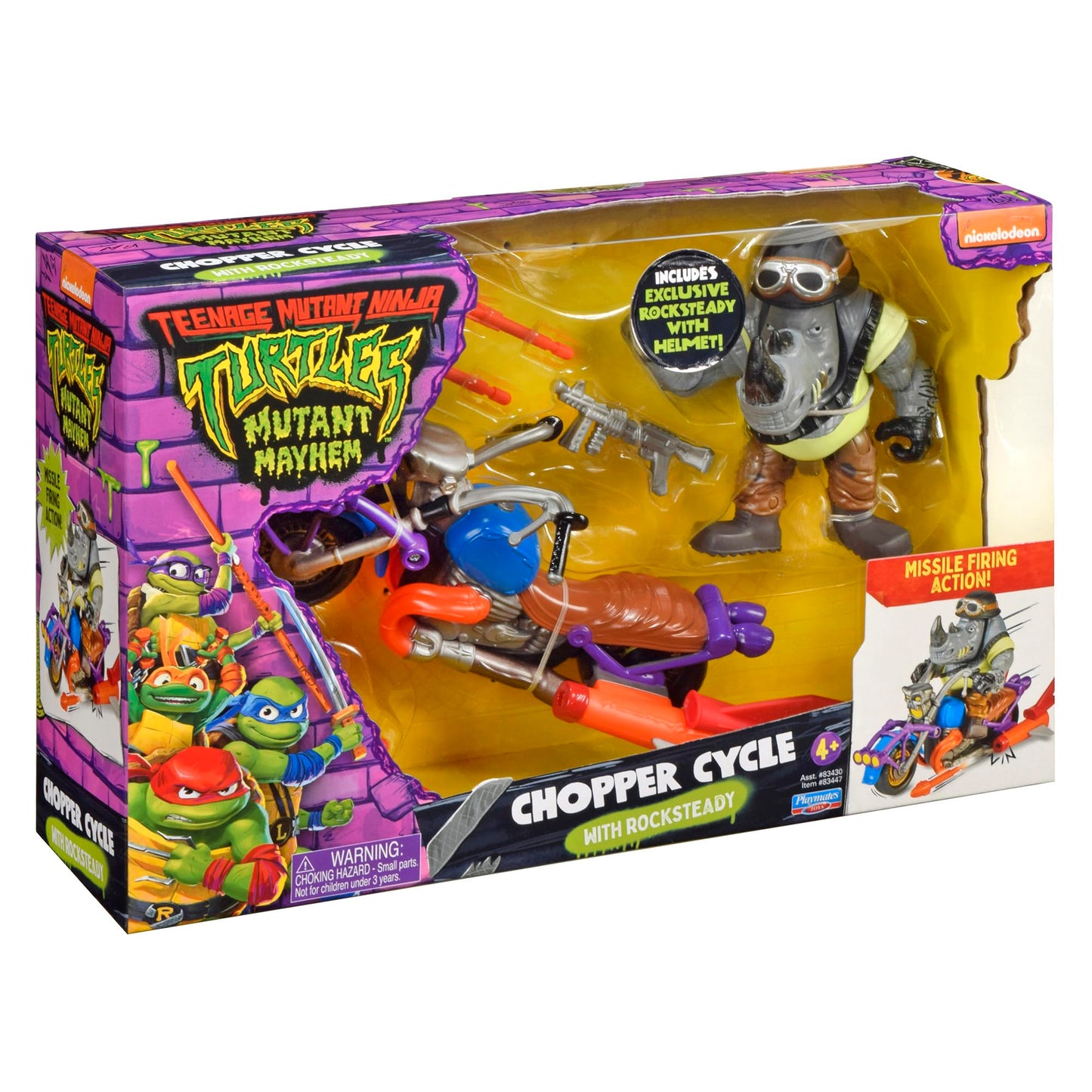Teenage Mutant Ninja Turtles Chopper Cycle with Exclusive Rocksteady Figure, Plastic, Multicolor, Model 84303